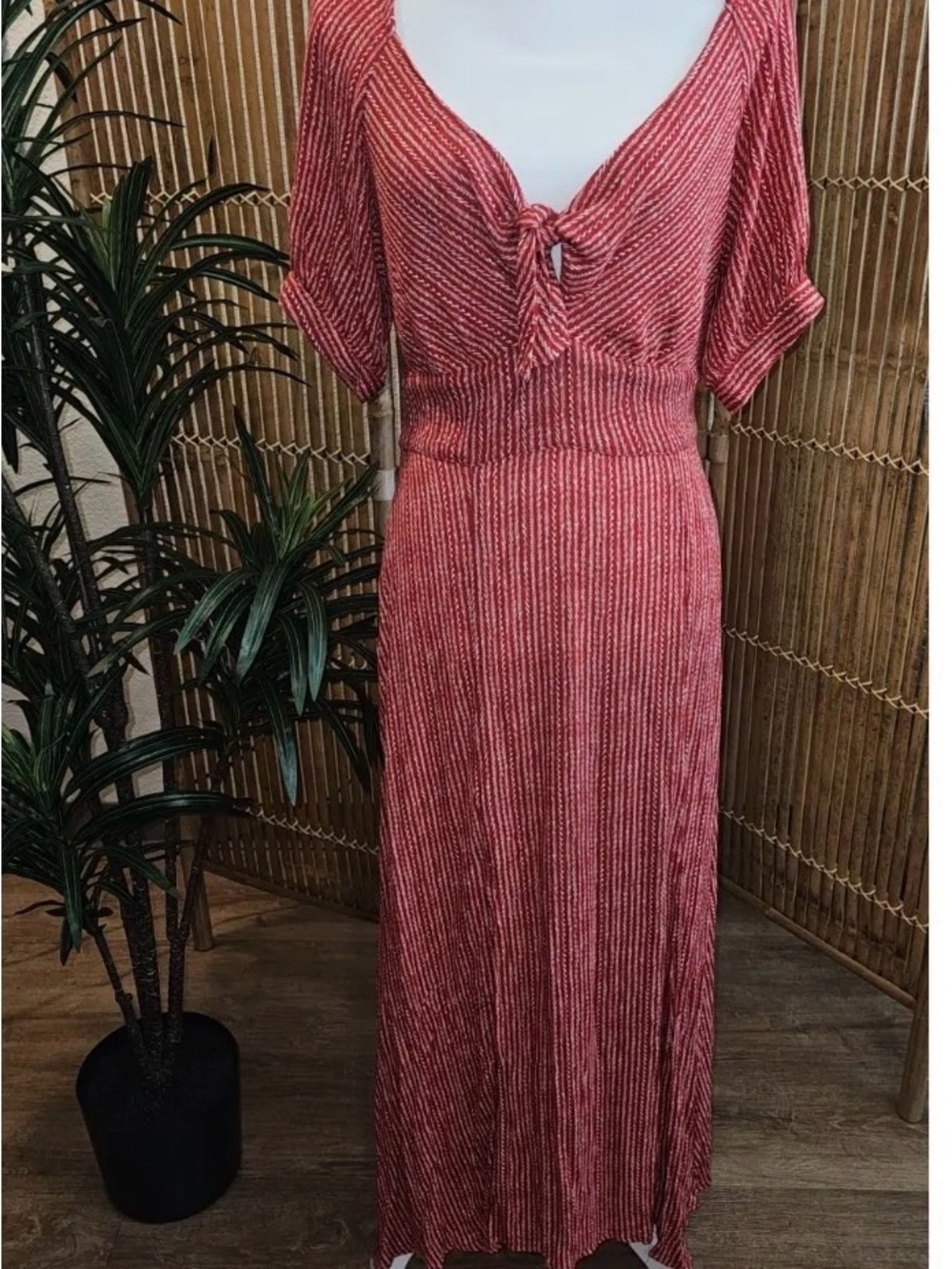 H7100- Hayden Red White Striped Tie Front Boho Maxi Dress Prairie Women's Medium